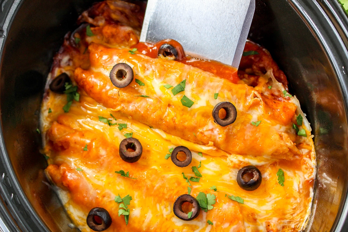 lazy enchiladas in slow cooker with olives.