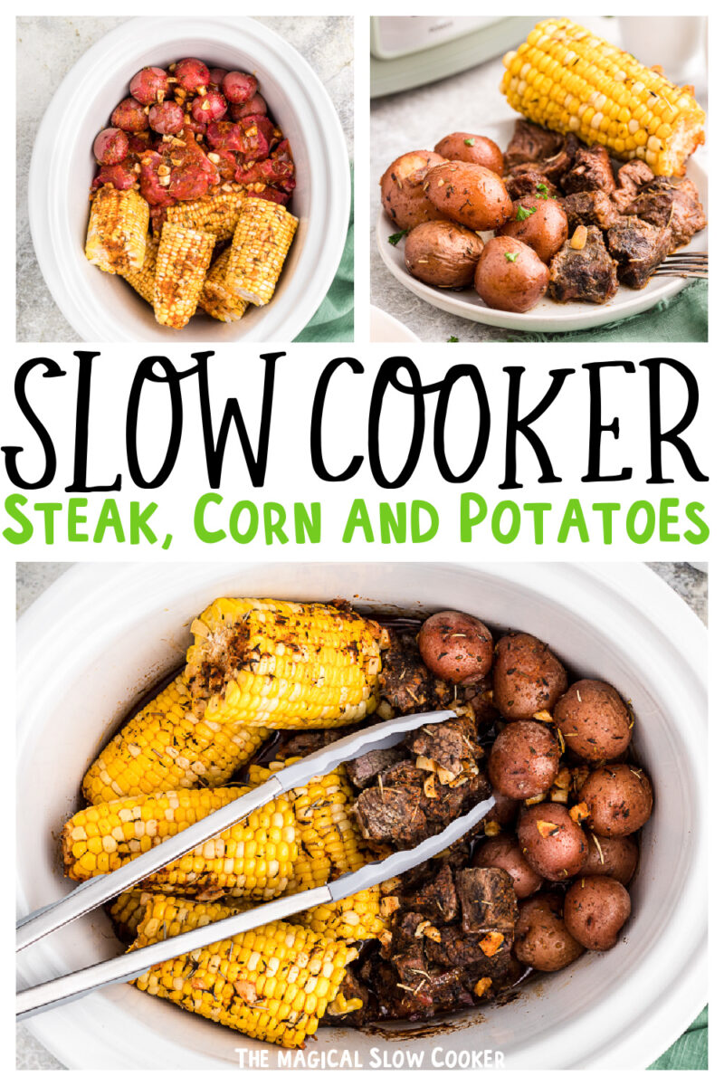 collage of steak and potato images with text over lay for pinterest.