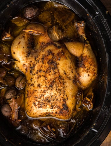 whole chicken cooked with beer in slow cooker.