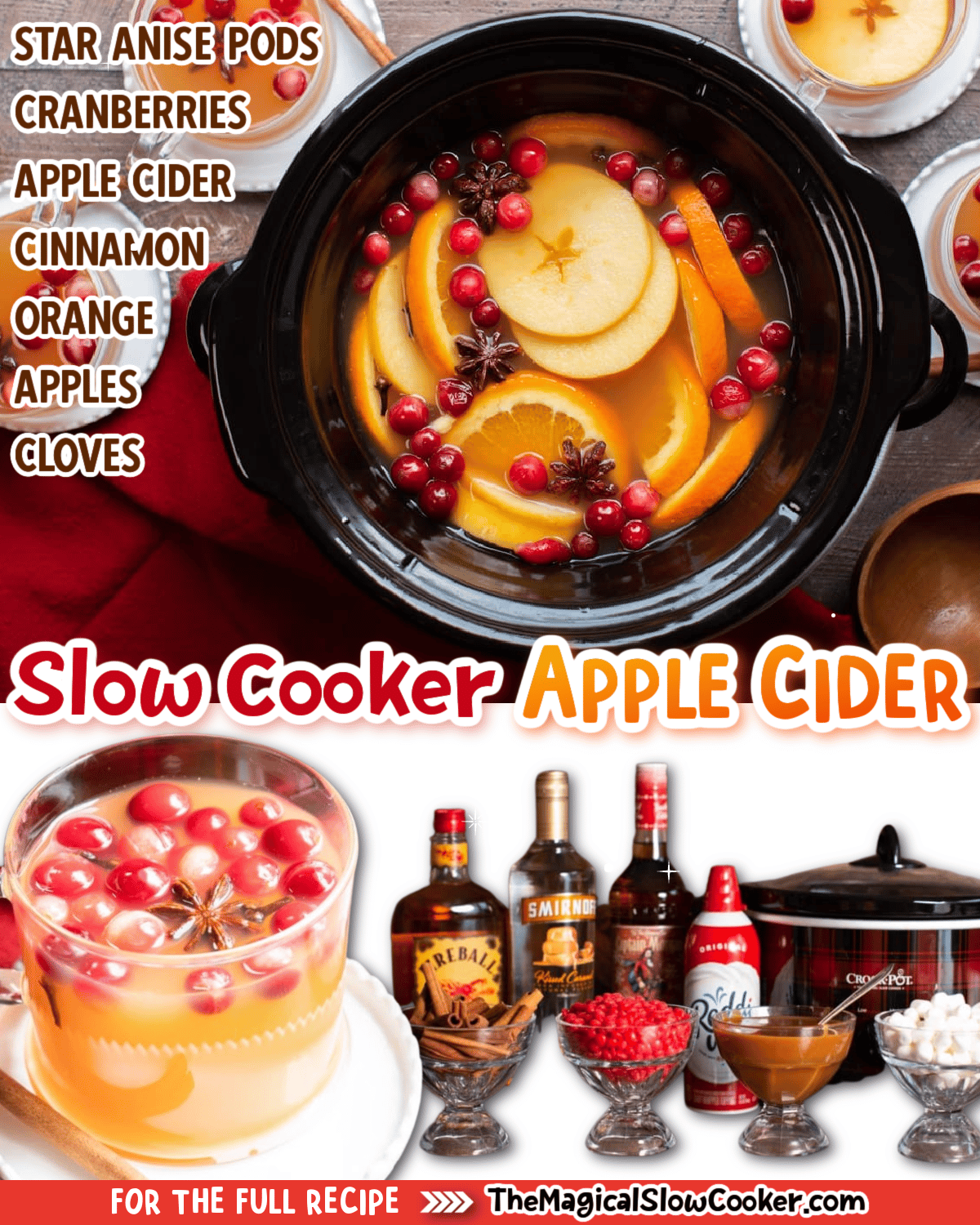 Images of apple cider with text overlay of what the ingredients are.