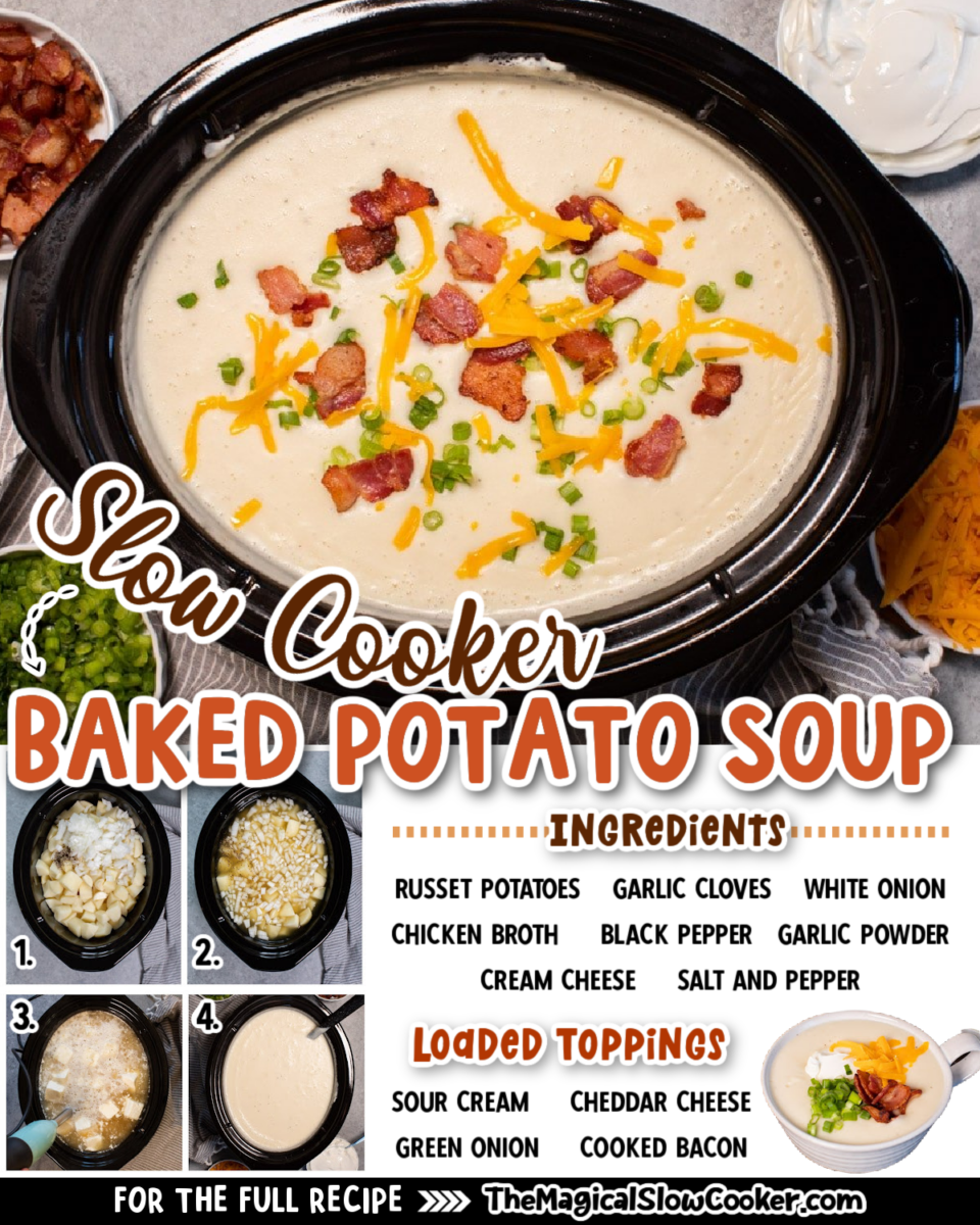 Images of baked potato soup with text of what the ingredients are.