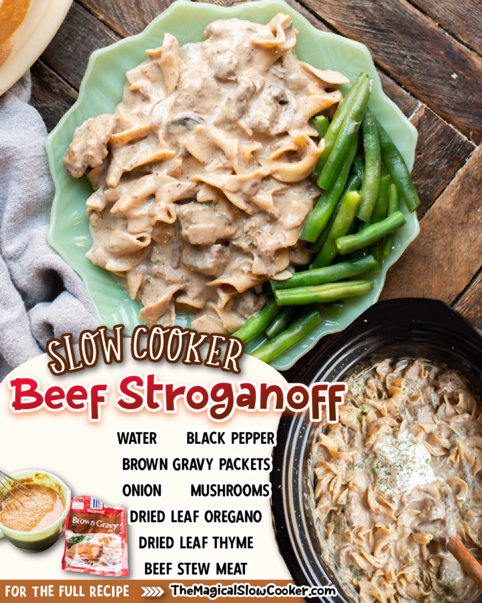 collage of beef stroganoff images with text of what the ingredients are.