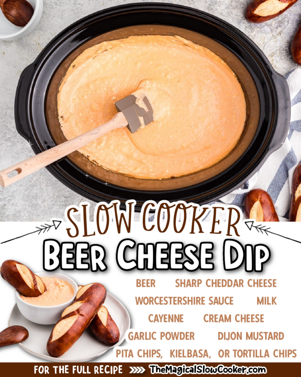 collage of beer cheese images with text of ingredients for pinterest or facebook.