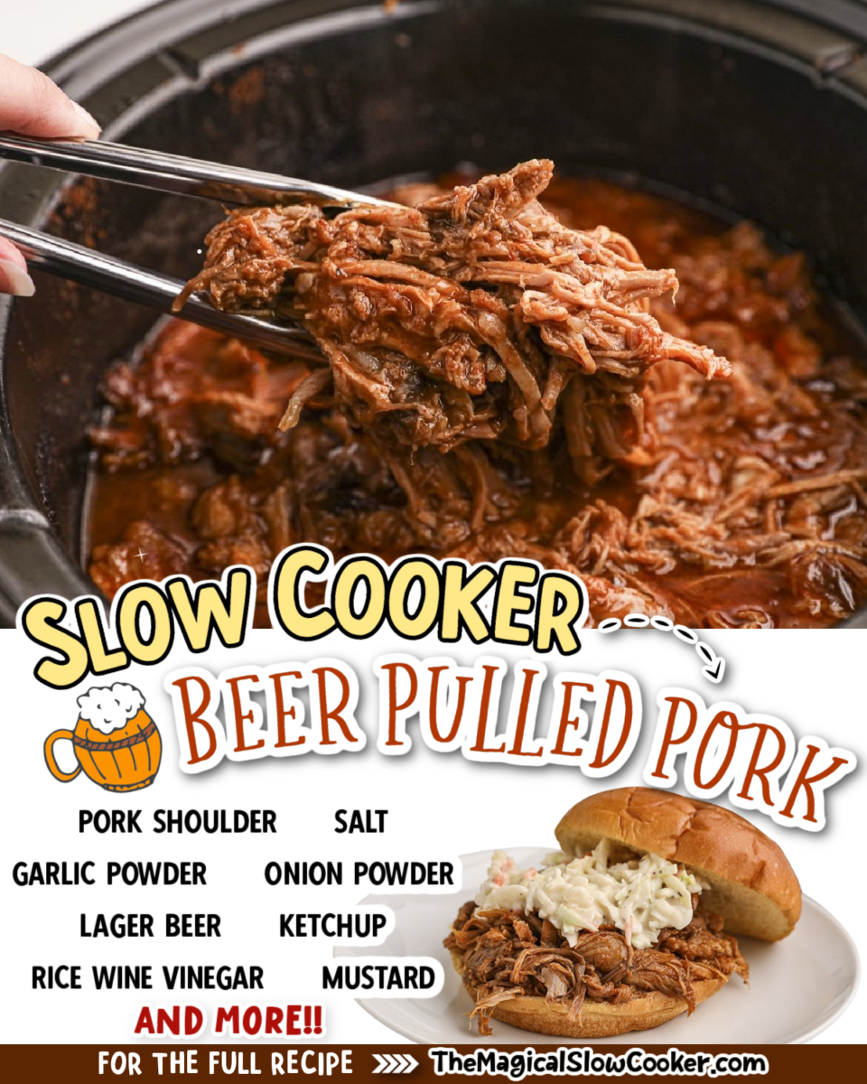 collage of beer pulled pork images with text overlay for pinterest or facebook.