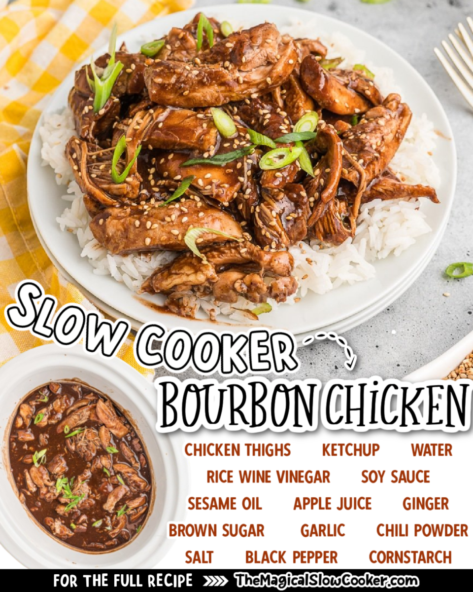 Collage of bourbon chicken images with text overlay for pinterest or facebook.