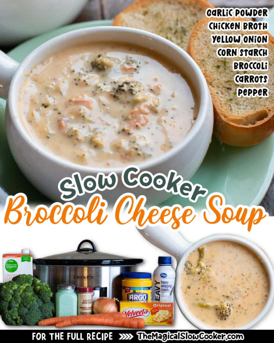 Images of broccoli cheese soup with text of what ingredients are.