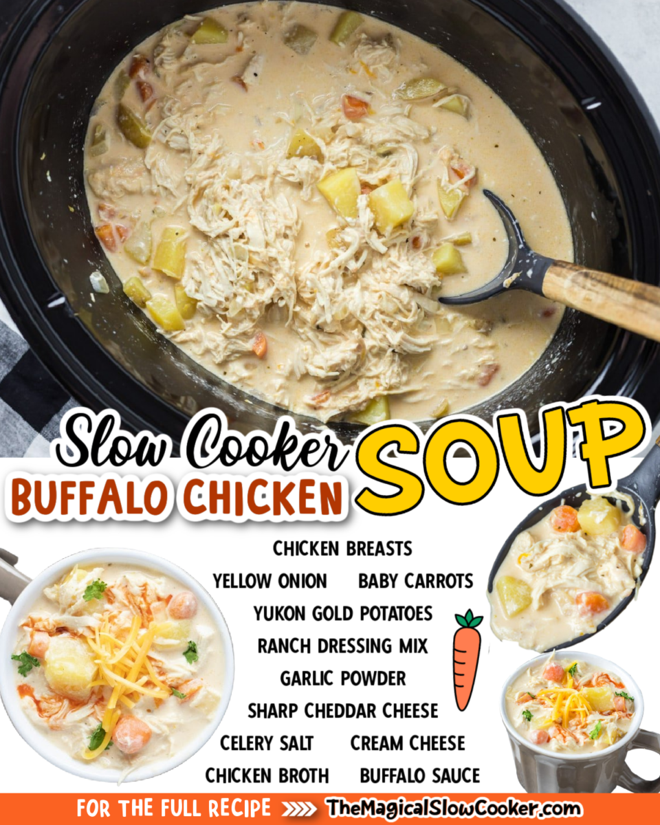 Images of buffalo chicken soup with text of what the ingredients are.