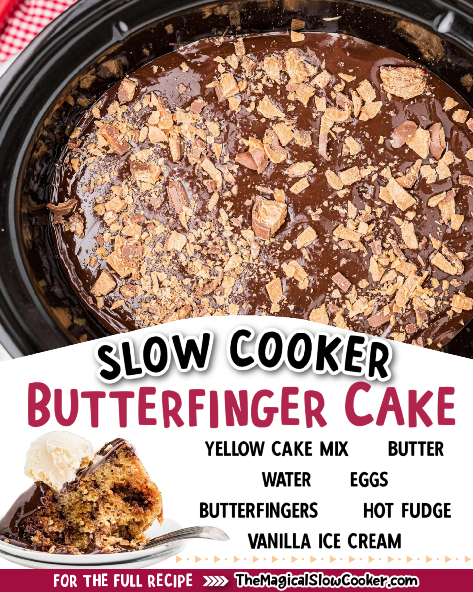 Collage of butterfinger cake images with text overlay for pinterest or facebook.