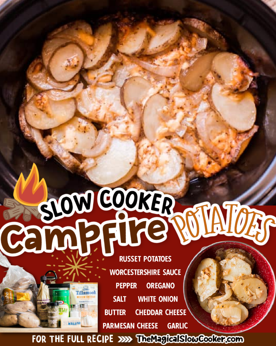 Images of campfire potatoes with text of what the ingredients are.