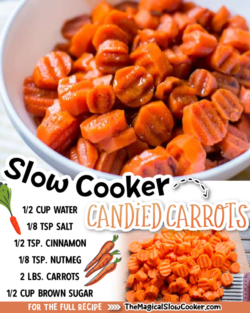 Collage of candied carrots images with text overlay for pinterest or facebook.