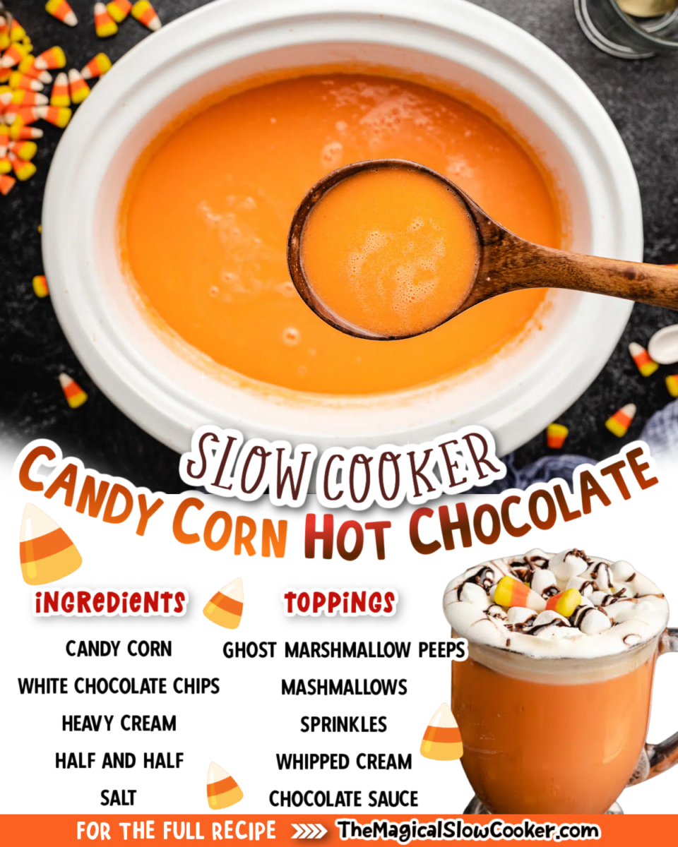 collage of candy corn hot chocolate images with text of what the ingredients are.