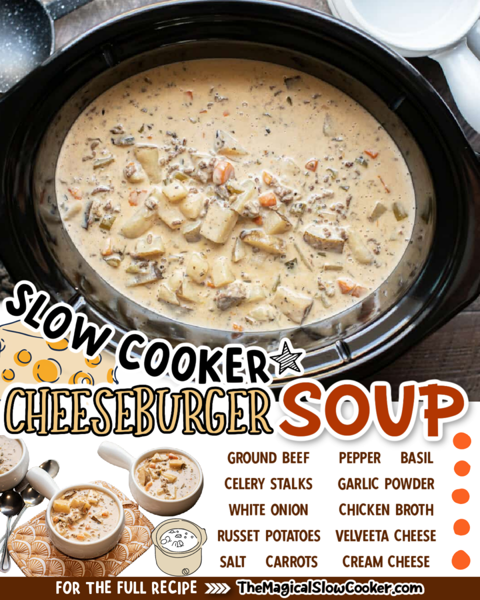 Images of cheeseburger soup with text overlay of what the ingredients are.