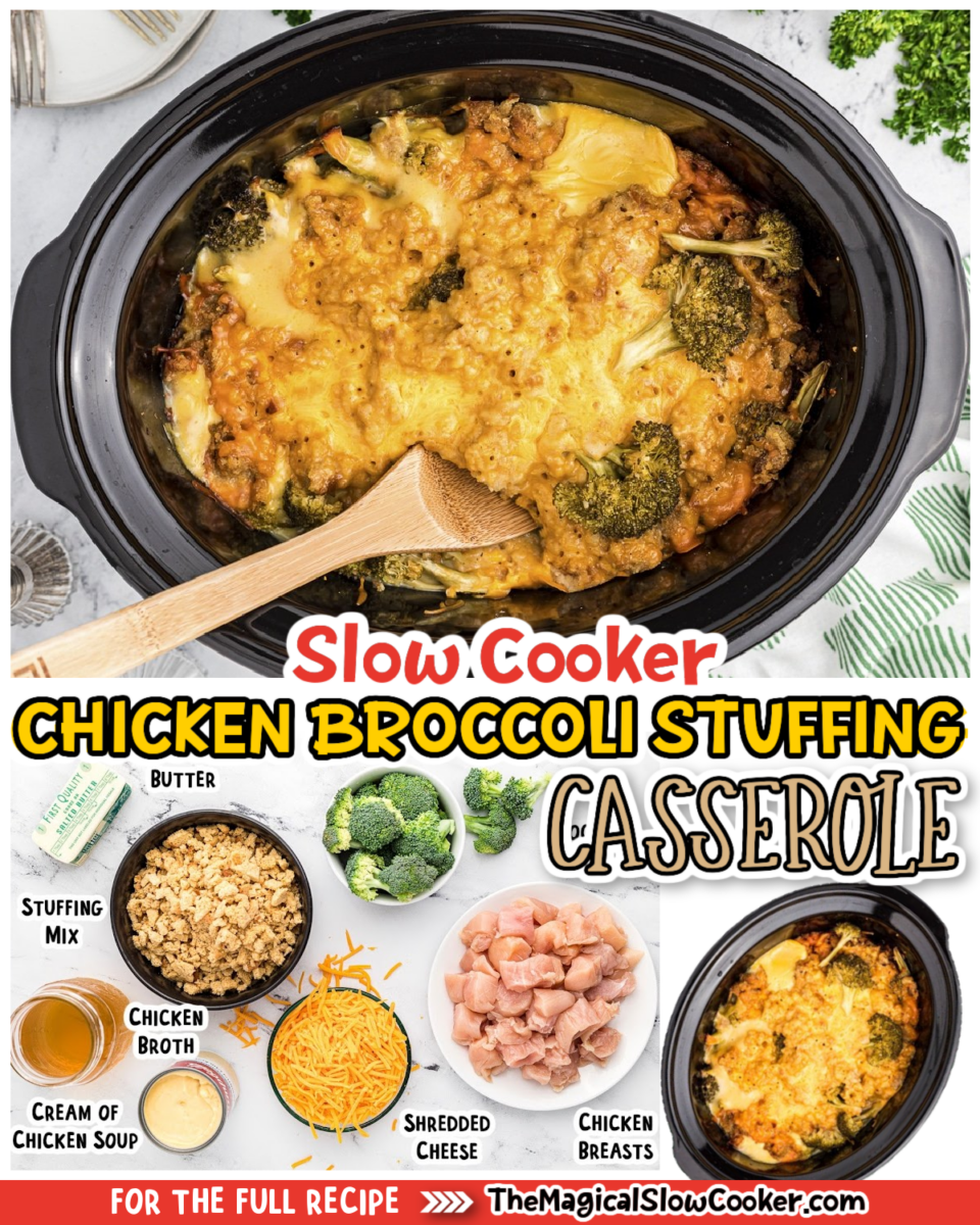 Collage of chicken brococli stuffing casserole images with text for facebook or pinterest.