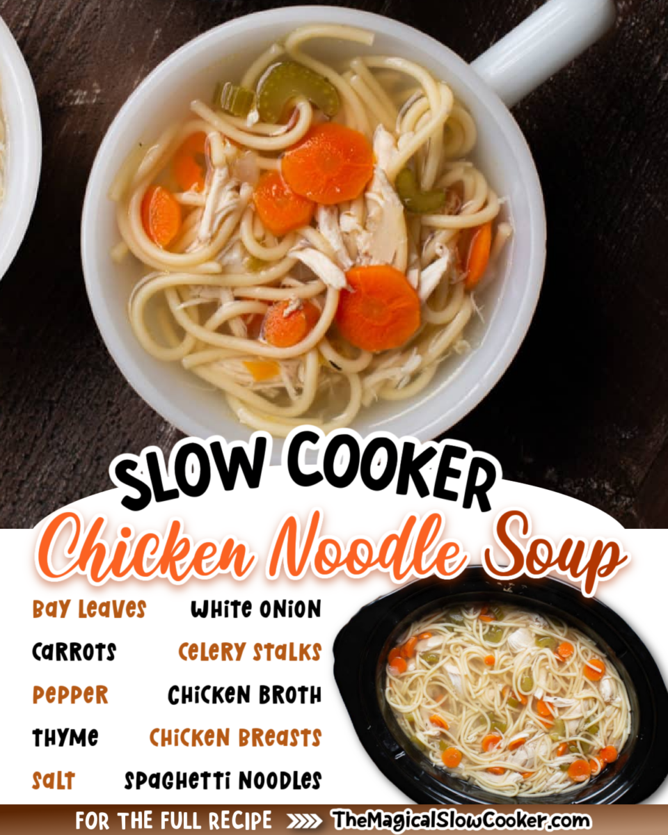 Images of chicken noodle soup with text overlay of what the ingredients are.
