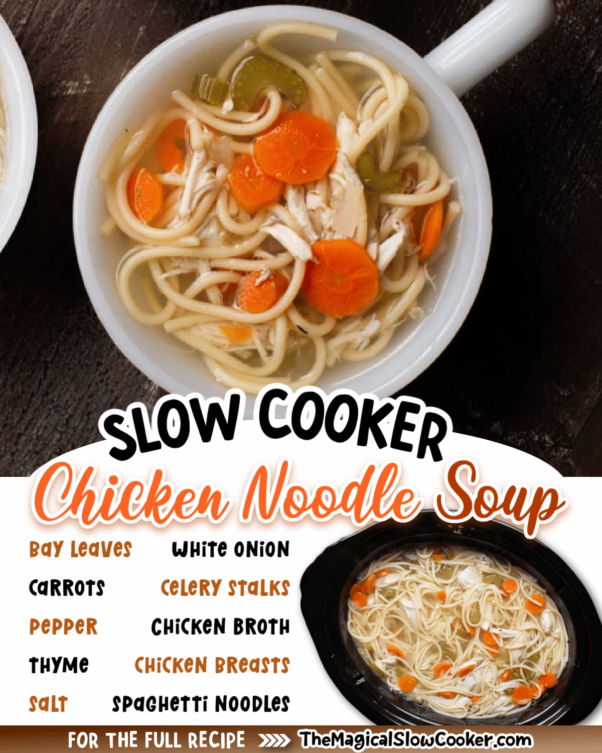 Images of chicken noodle soup with text overlay of what the ingredients are.