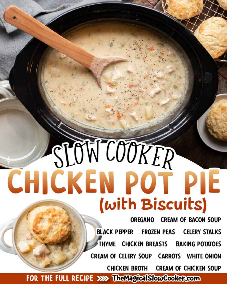Images of chicken pot pie with text overlay of what the ingredients are.