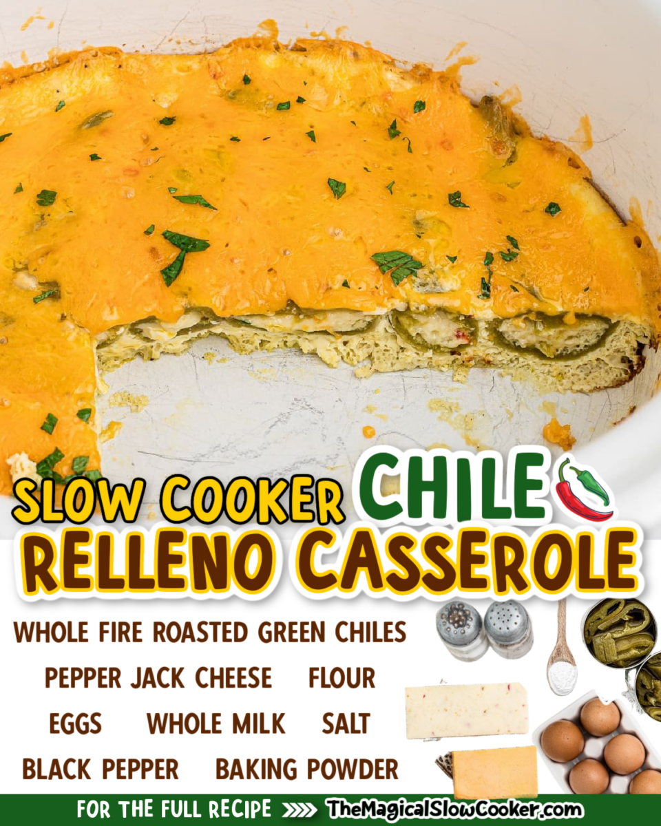 Images of chile relleno casserole with text overlay of what the ingredients are.