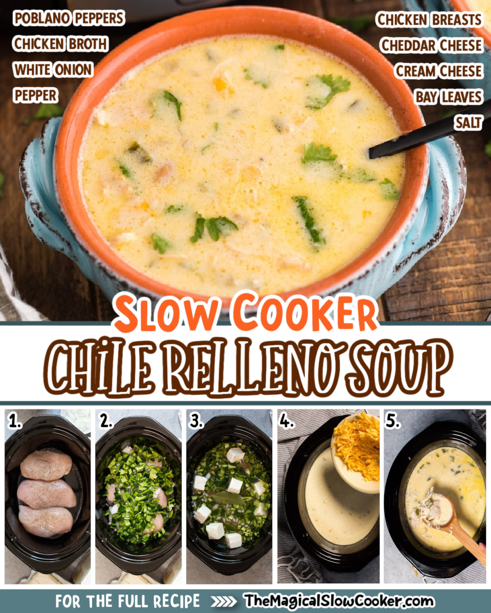 Images of chile relleno soup with text overlay of what the ingredients are.