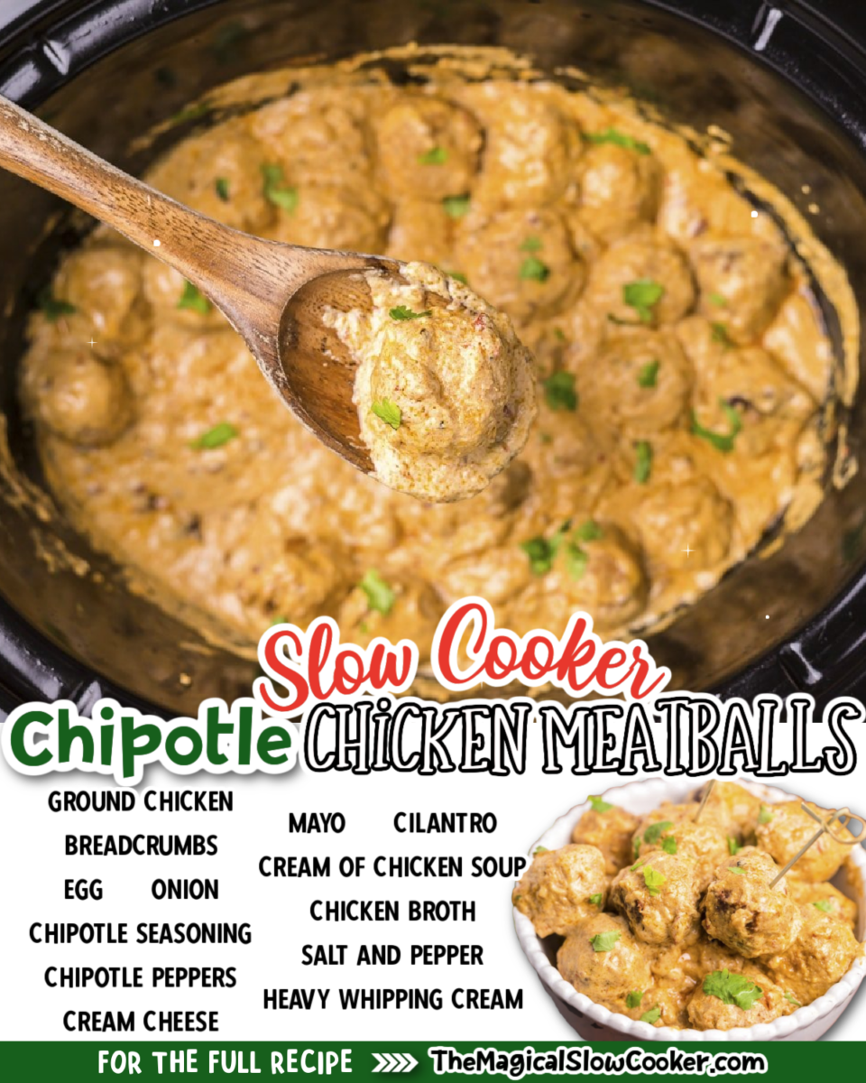 Collage of chicken chipotle meatballs with text overlay for pinterest or facebook.