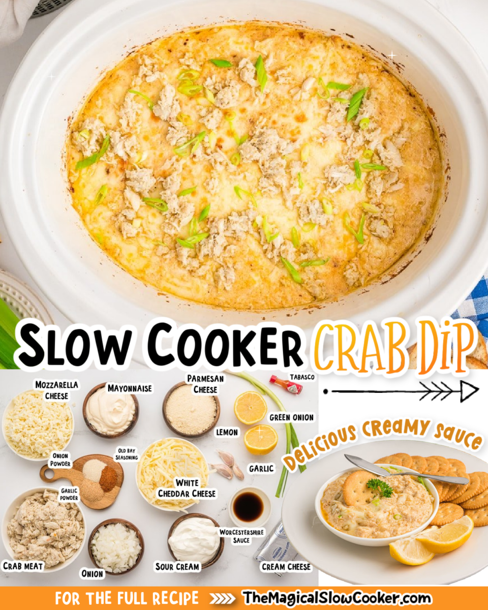 collage of crab dip images with text overlay for pinterest or facebook.