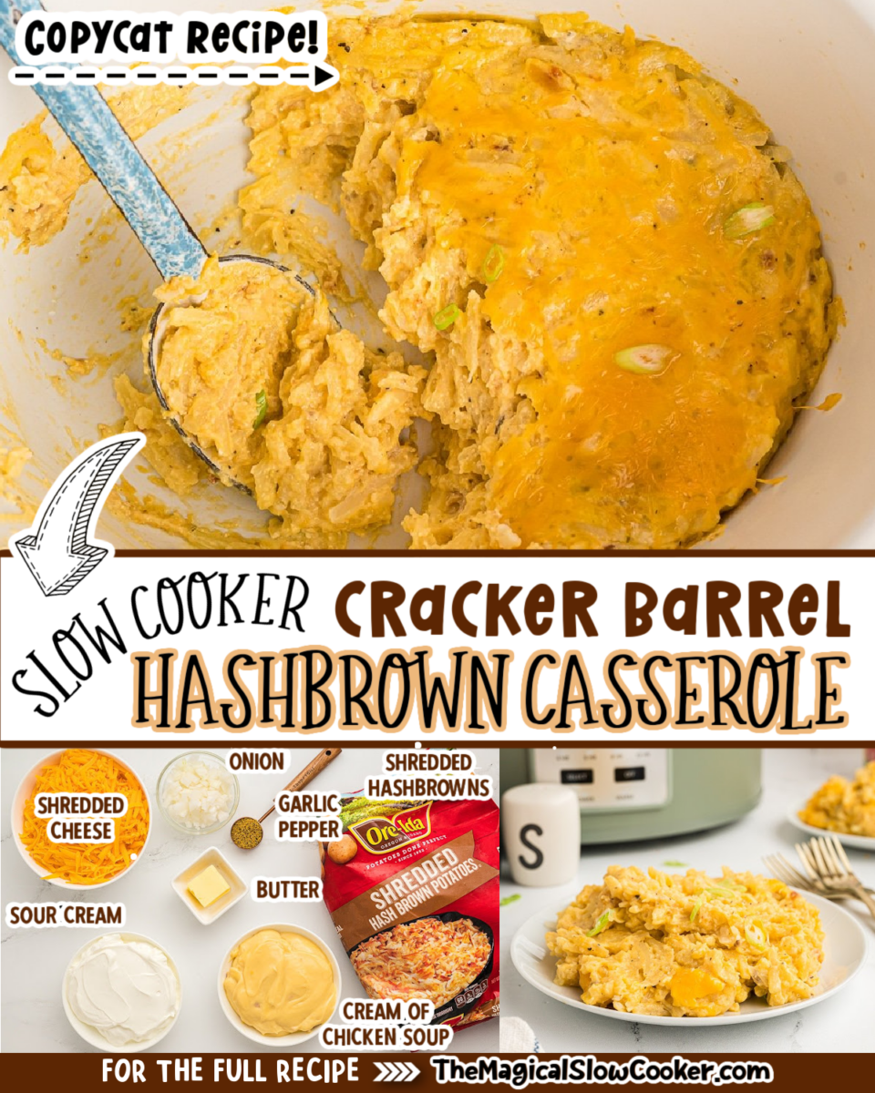 Images of hashbrown casseorle with text overlay of what the ingredients are.
