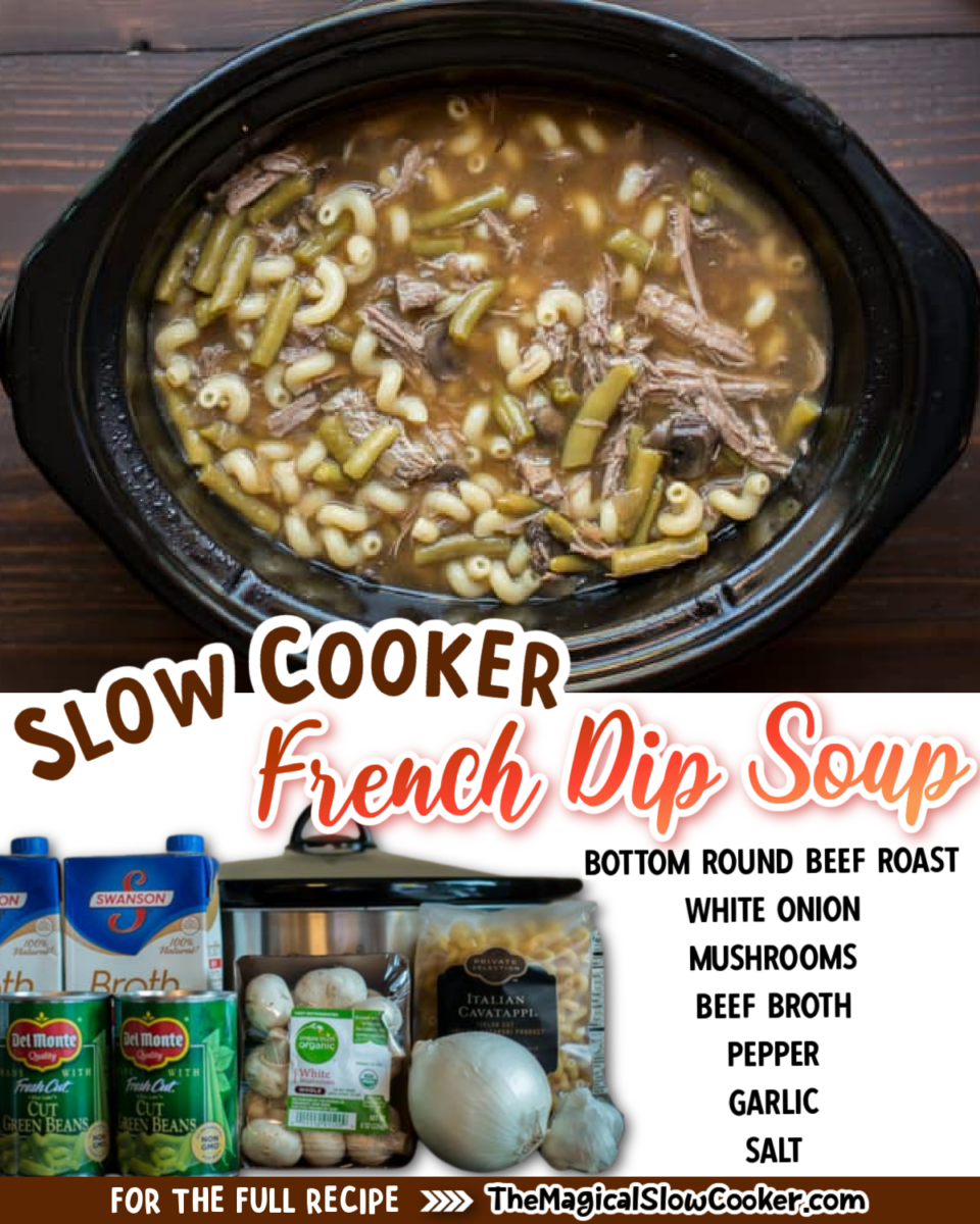 Images of french dip soup with text overlay of what the ingredients are.