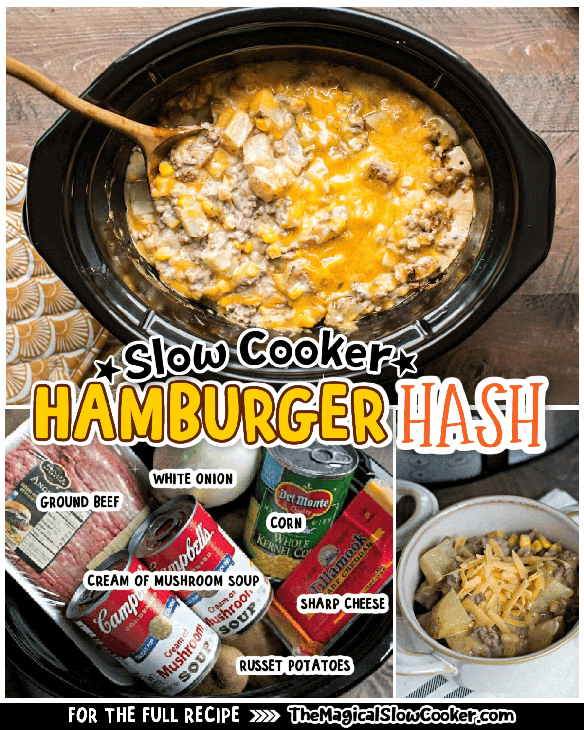 Images of hamburger hash with text overlay of what the ingredients are.
