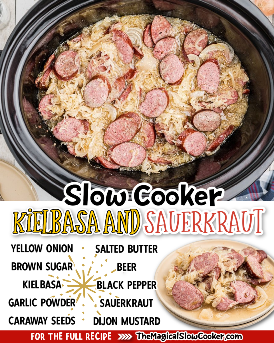 Kielbasa and sauerkraut images with text overlay for pinterest.