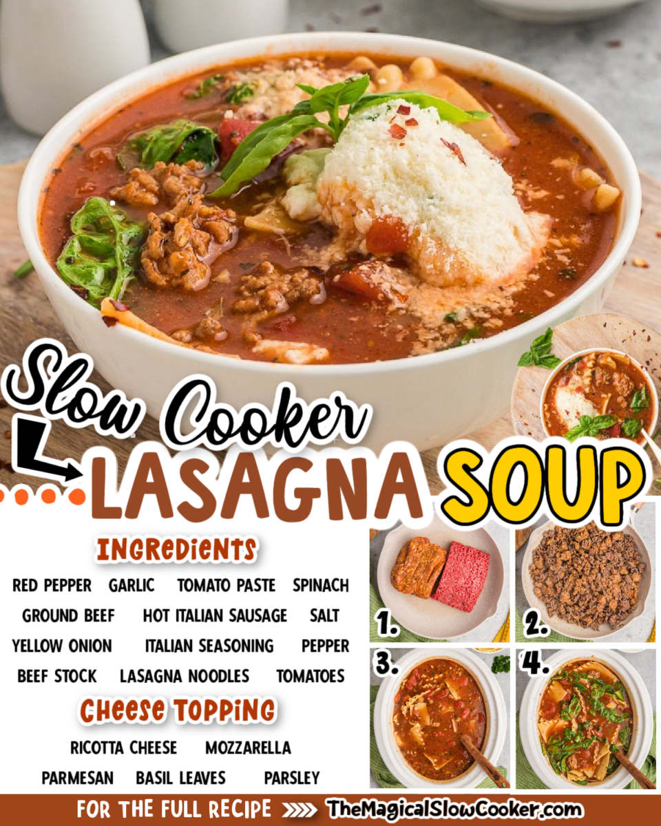 Images of lasagna soup with text overlay of what the ingredients are.