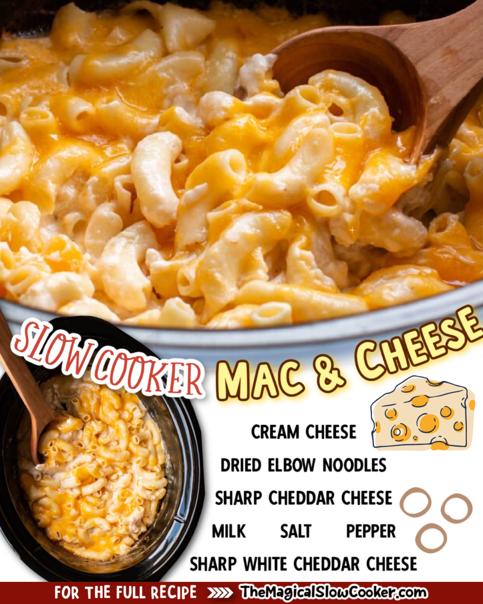 Images of mac and cheese with text overlay of what the ingredients are.