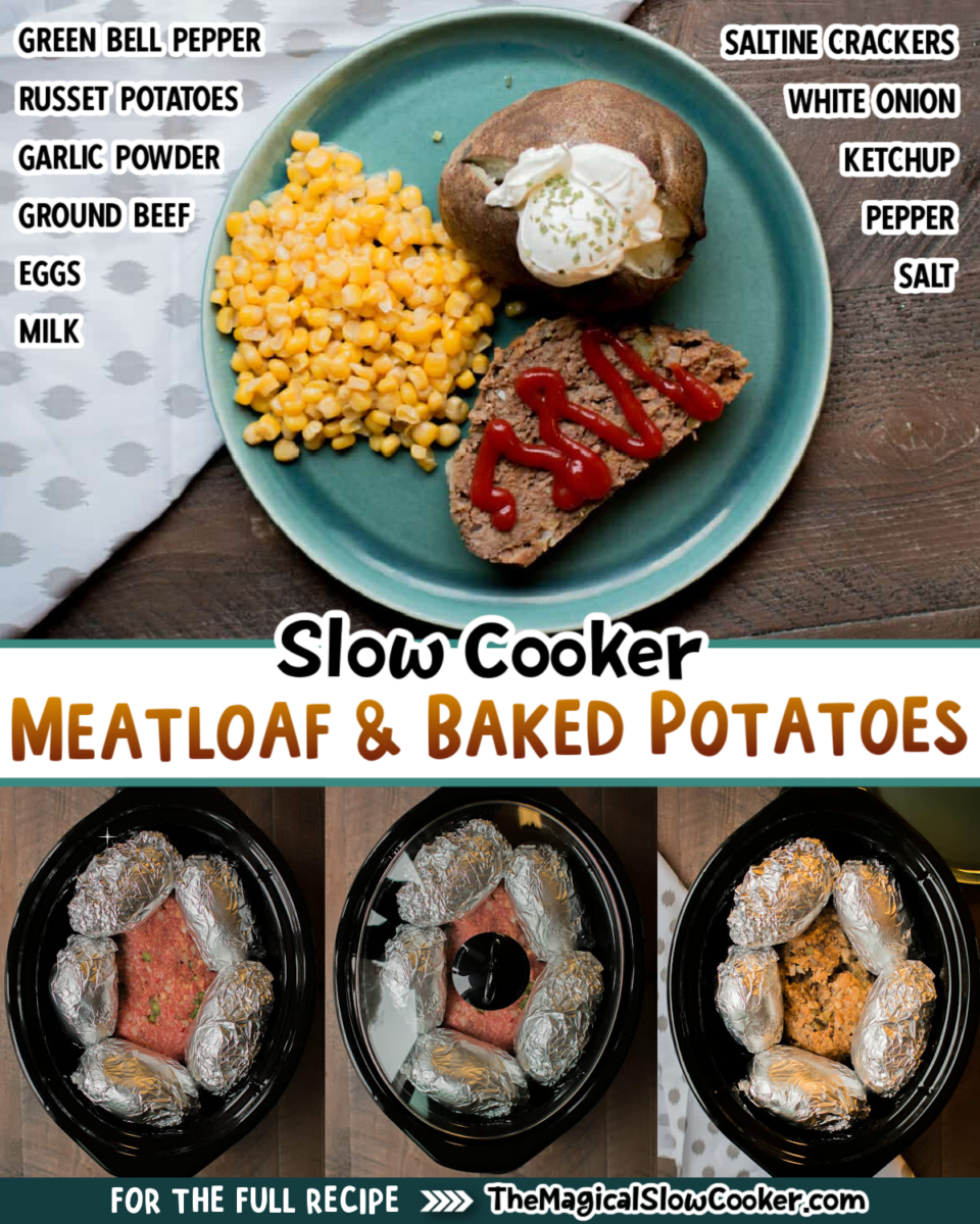 Images of meatloaf and baked potatoes with text overlay of what the ingredients are.
