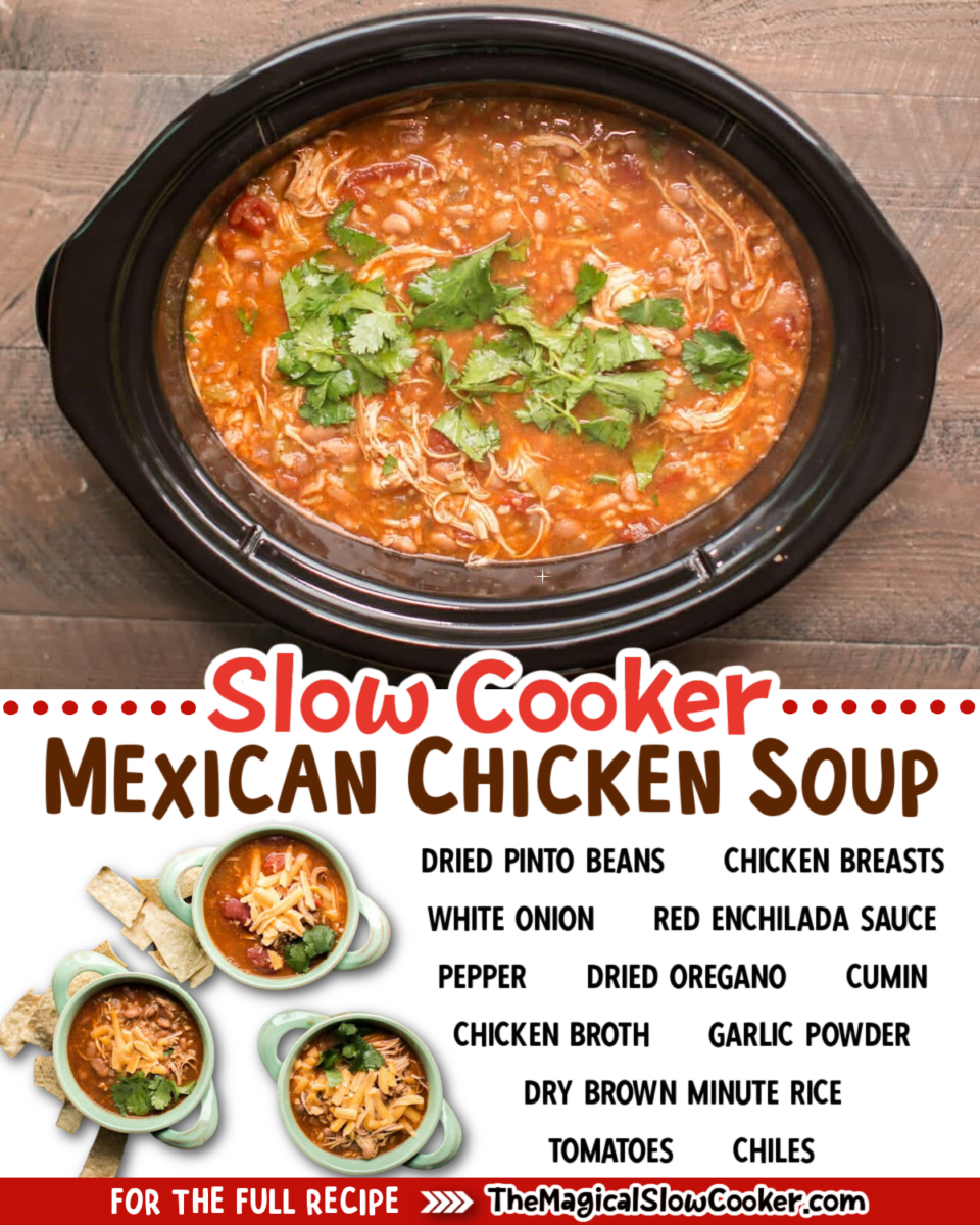 Images of mexican chicken soup with text overlay of what the ingredients are.