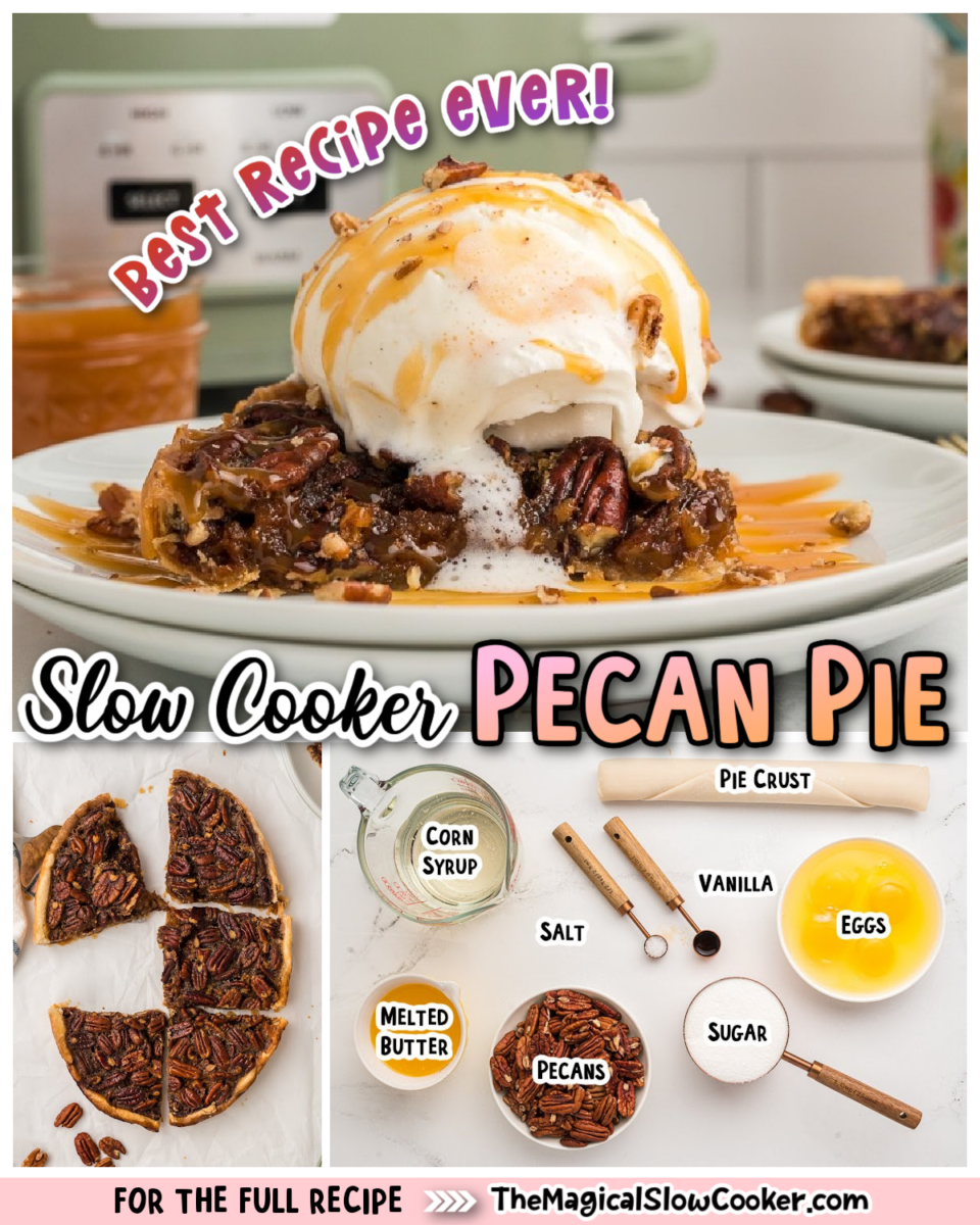 Images of pecan pie with text overlay of what the ingredients are.