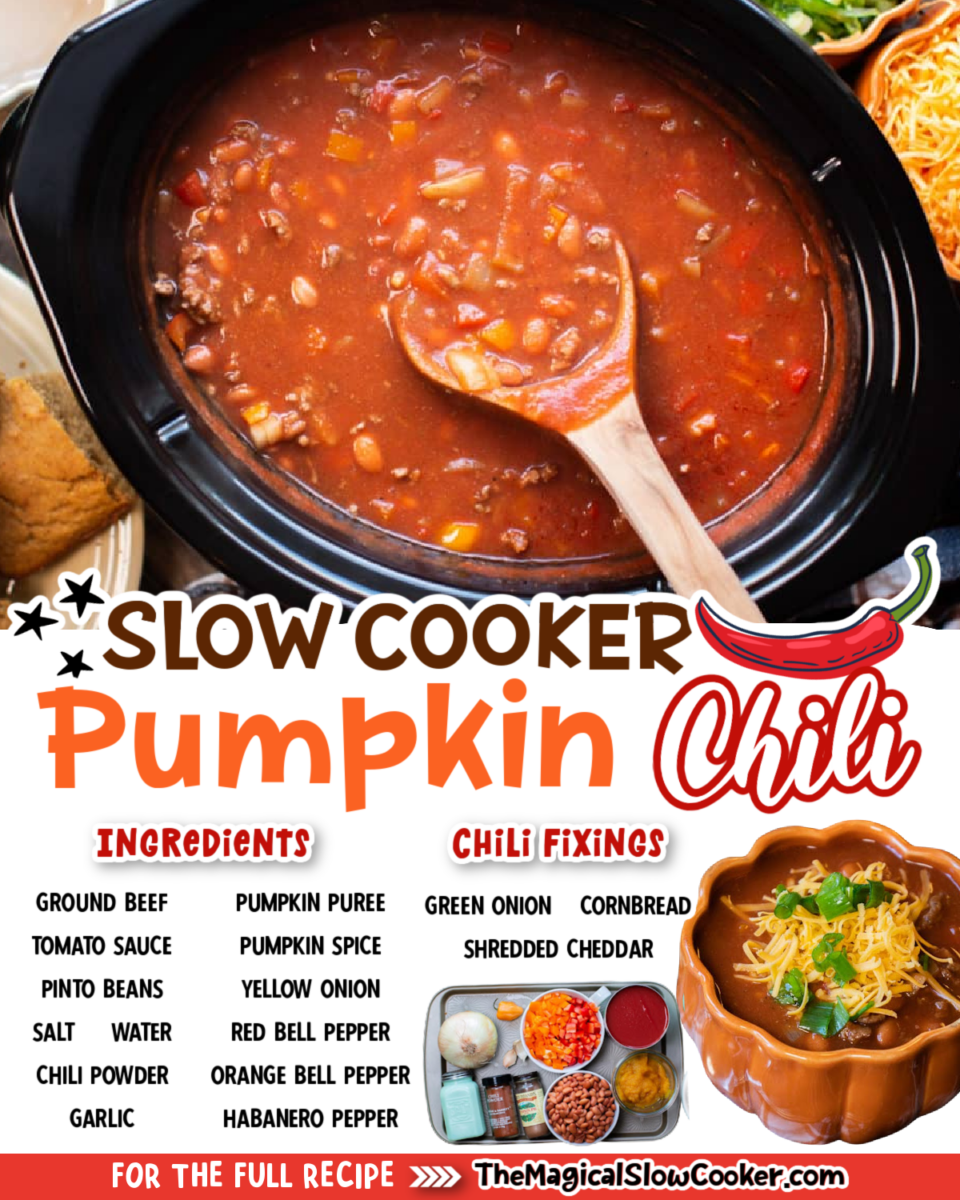 Images of pumpkin chili with text overlay of what the ingredients are.