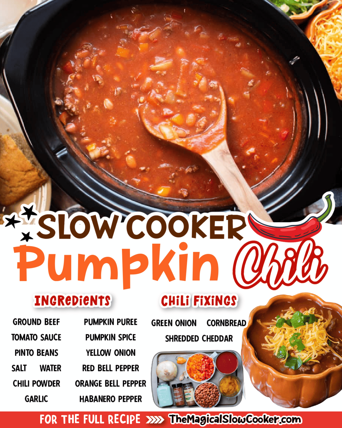 Images of pumpkin chili with text overlay of what the ingredients are.