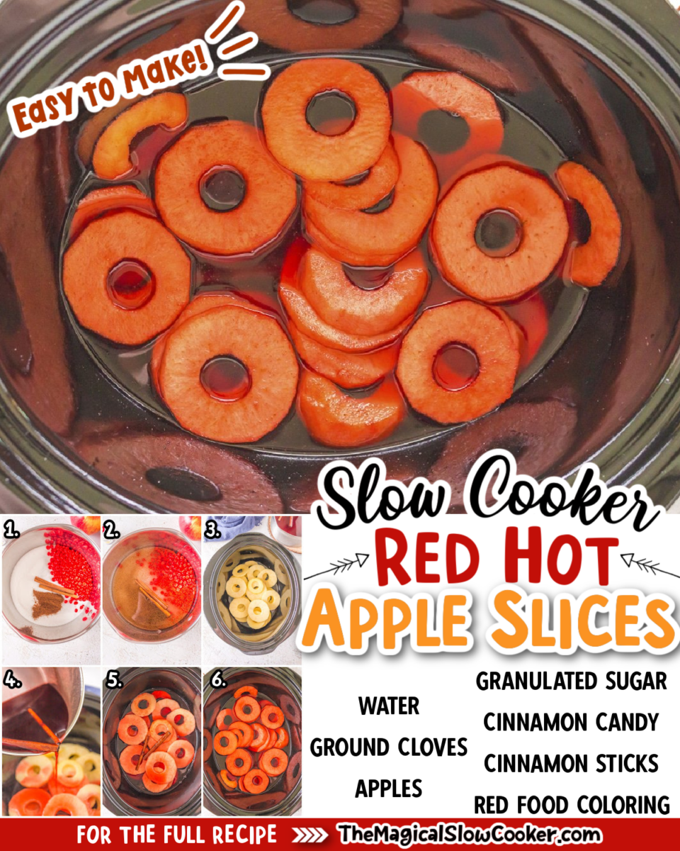 collage of red hot apple slices with text overlay for pinterest and facebook.