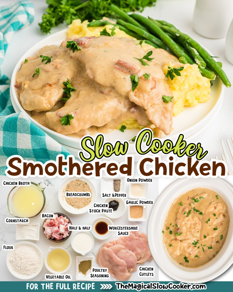 collage of smothered chicken images with text for pinterest or facebook.