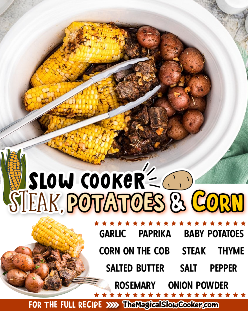 Images of steak, potatoes and corn with text overlay of what the ingredients are.