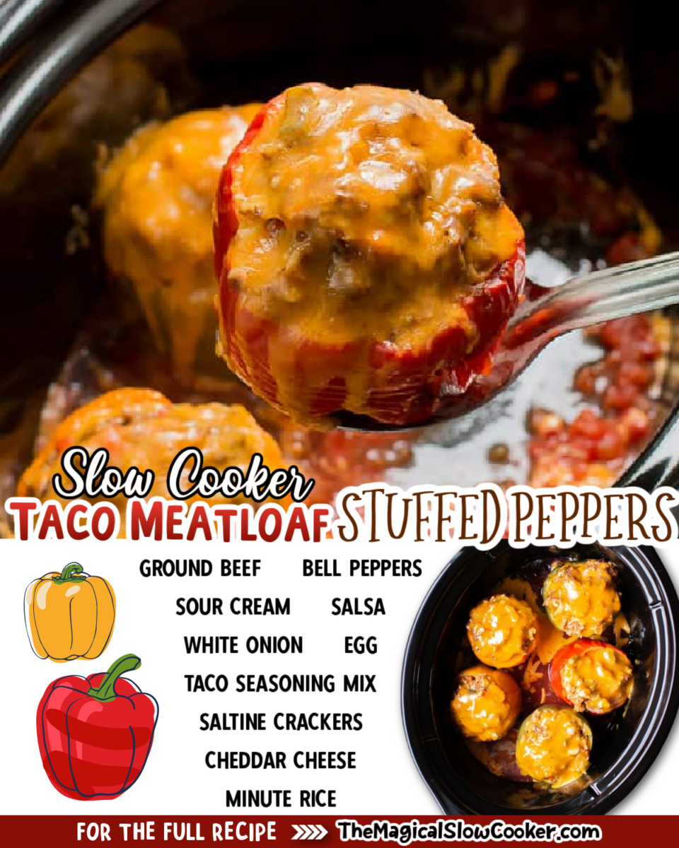 Images of taco meatloaf stuffed peppers with text overlay of what the ingredients are.