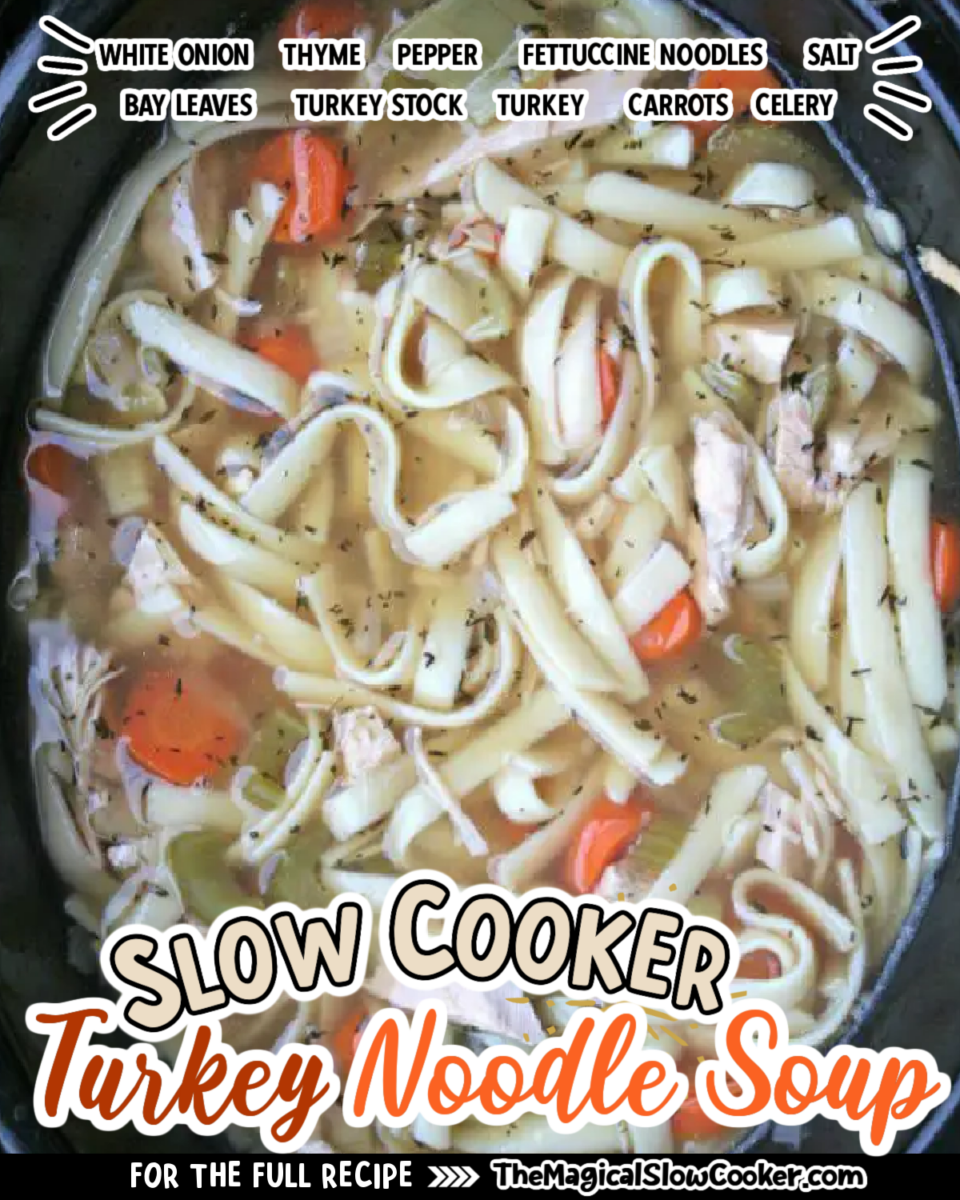 Images of turkey noodle soup with text overlay of what the ingredients are.