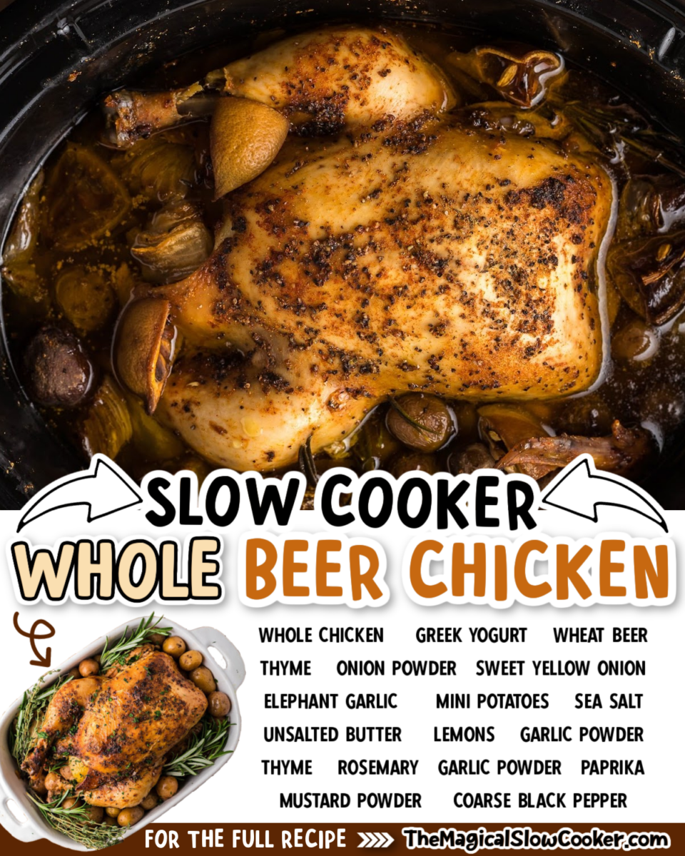 Images of whole beer chicken with text overlay of what the ingredients are.