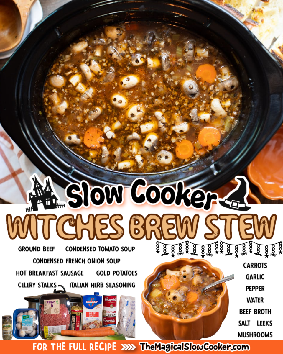 Images of witches brew stew with text overlay of what the ingredients are.