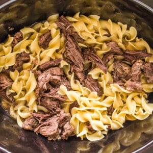 side view of cooked beef and noodles.
