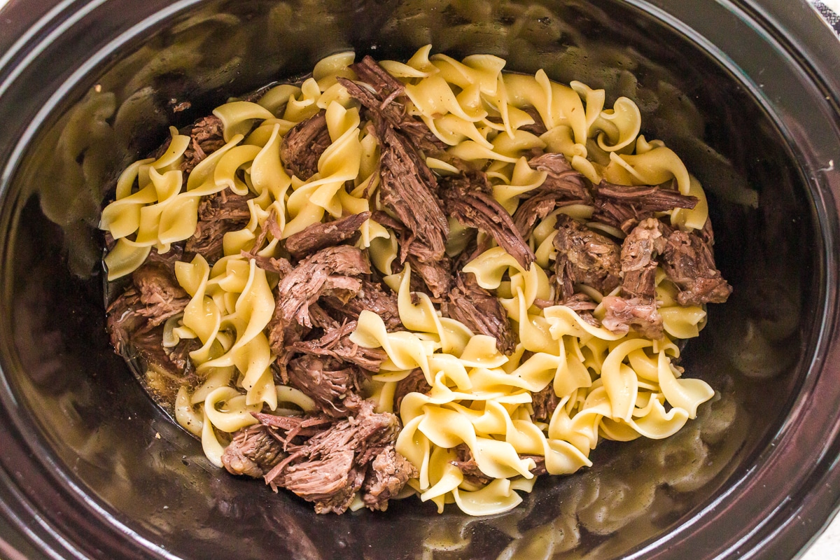 side view of cooked beef and noodles.