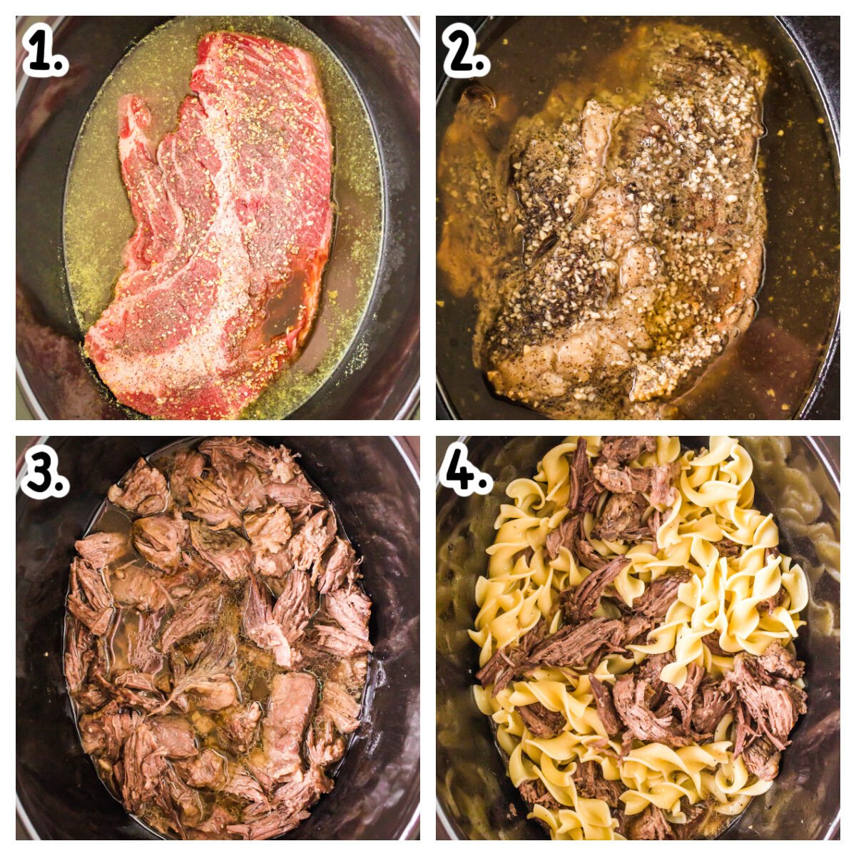 4 images explaining how to make beef and noodles in crockpot.