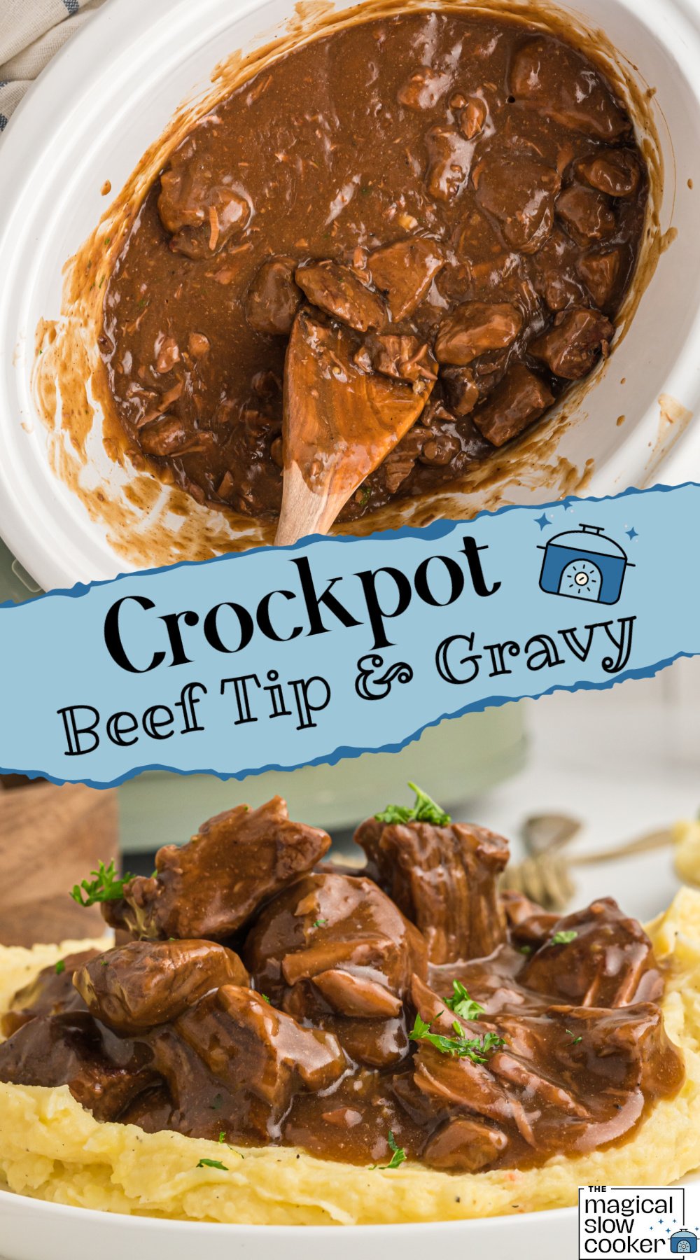 beef tips and gravy in a slow cooker.