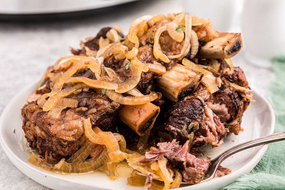 plate of beer and onion ribs with onions on top.