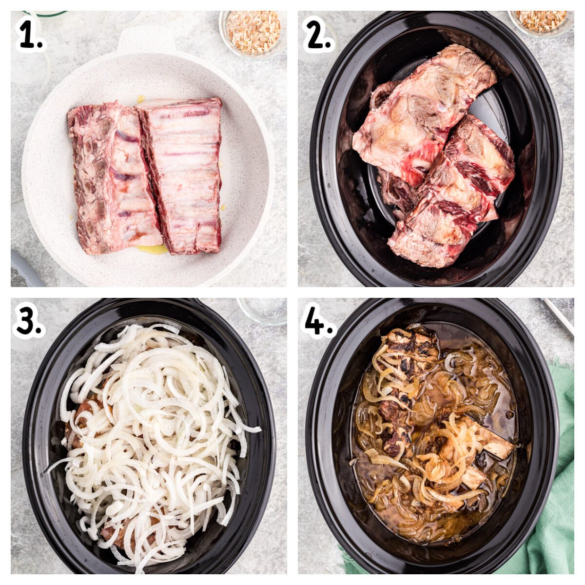 collage of how to make beer and beer ribs in a crockpot.