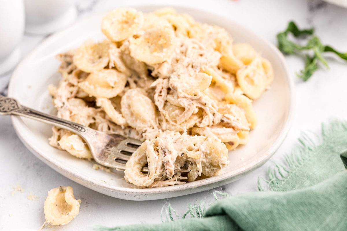 plate of chicken pasta made with boursin cheese spread.