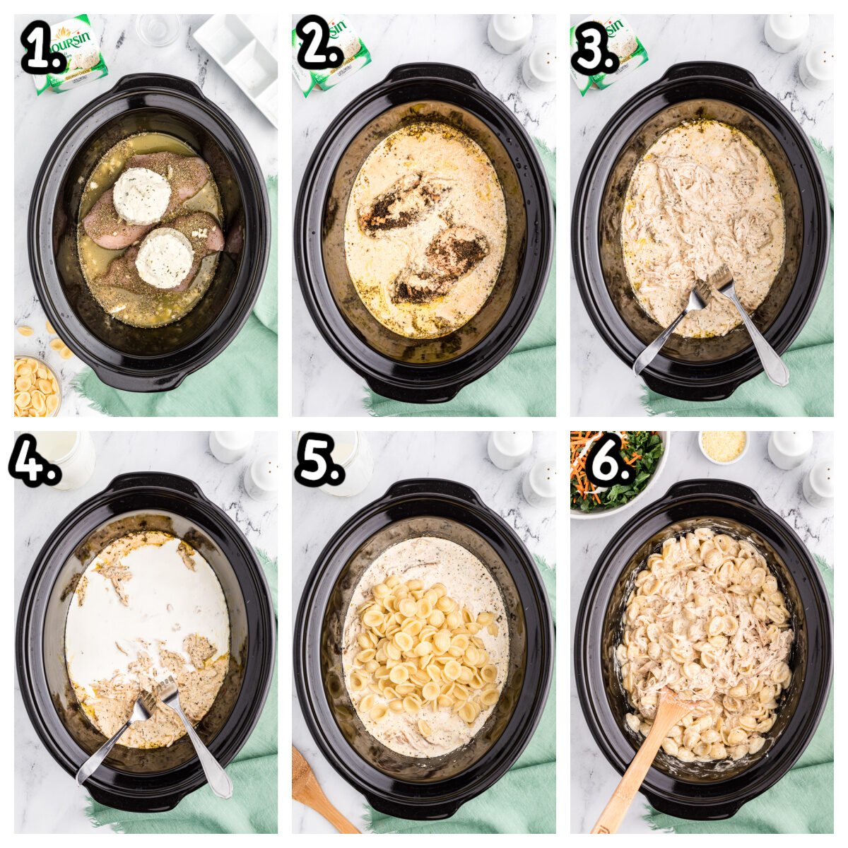 6 images showing how to assemeble boursin cheese chicken pasta in slow cooker.